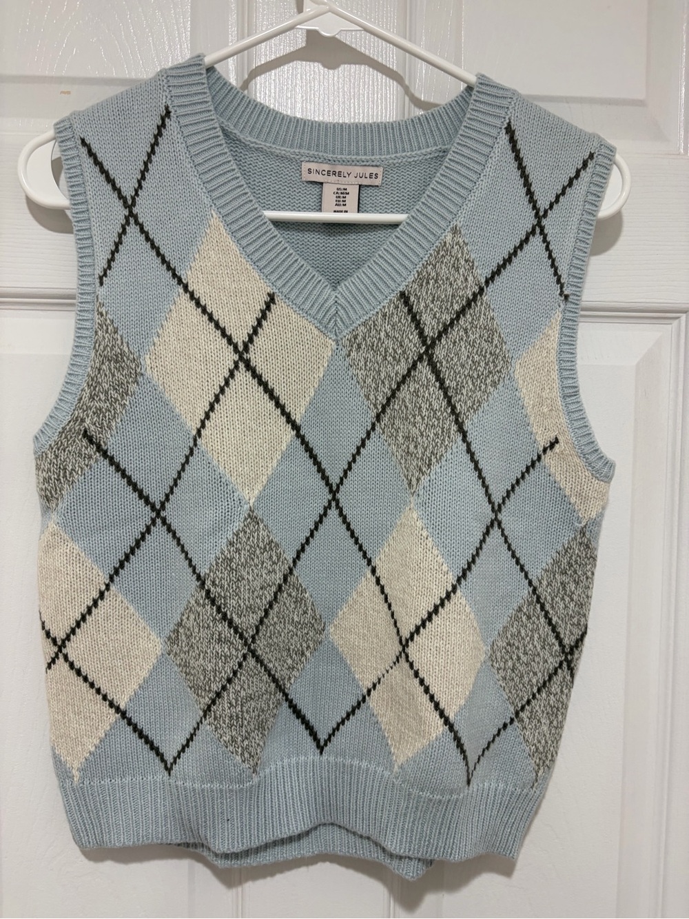 Women’s Sincerely Jules Powder Blue Argyle V-Neck Sweater Vest-Size Medium-NWOT